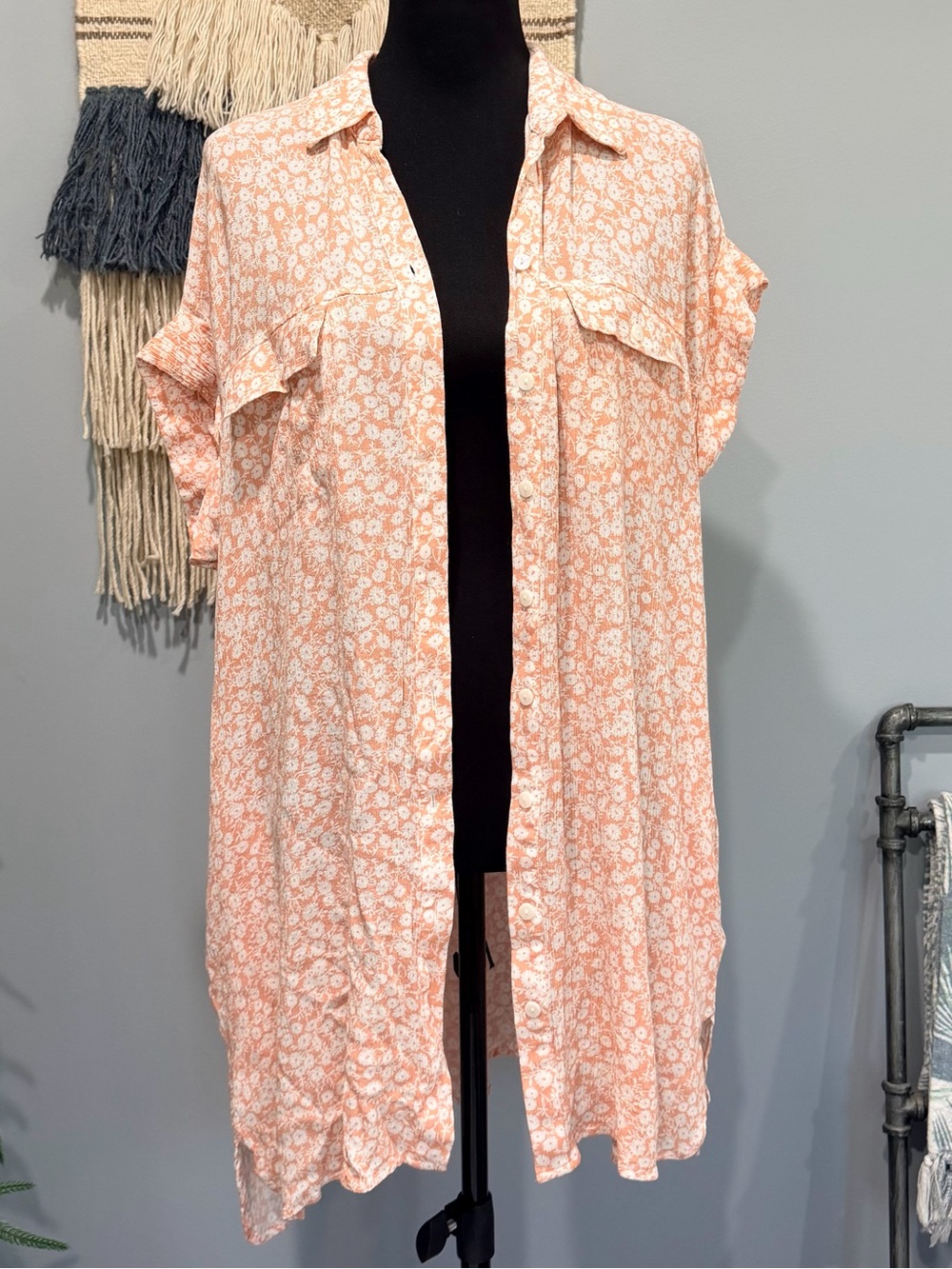 Lost + Wander Floral Swim Cover Up Pink White Button Front Beach Tunic M/L